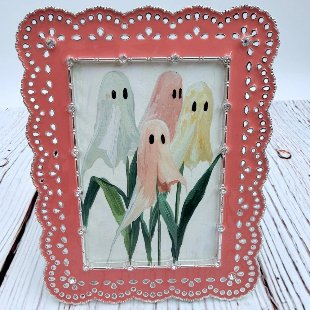 Original‎ Ghost Flowers Print Pink Scalloped Rhinestone Frame Decor 6x4.5